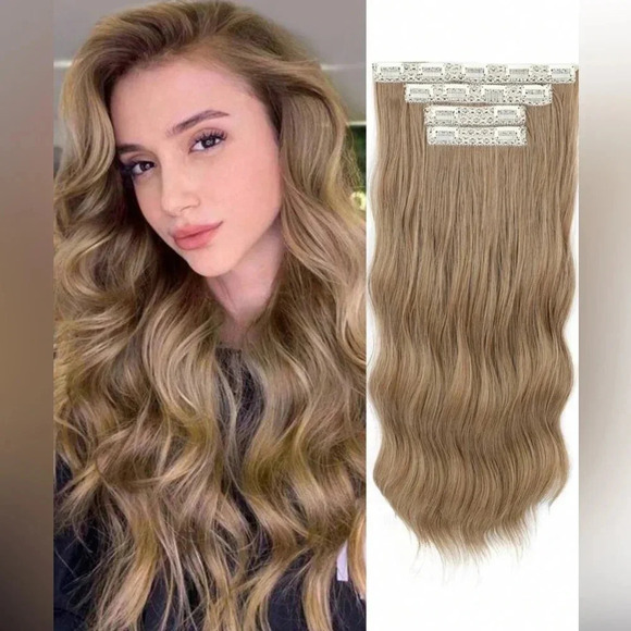 20 Inch Clip in Medium Dark Blonde Hair extensions wavy 4 thick pieces - Picture 1 of 10